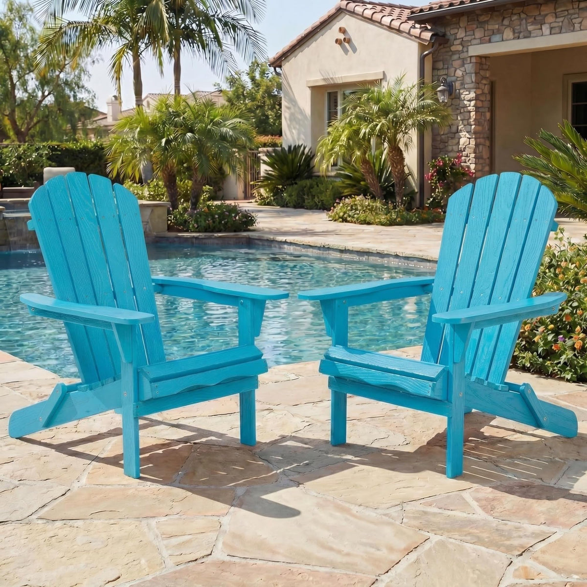 Folding Adirondack Chairs Set of 2 Solid Wood Turquoise Blue Q928201