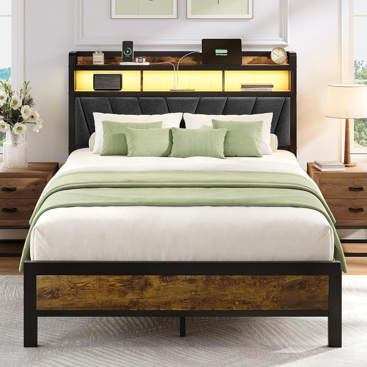 Full Bed Frame with LED Lights and Charging Station D927037