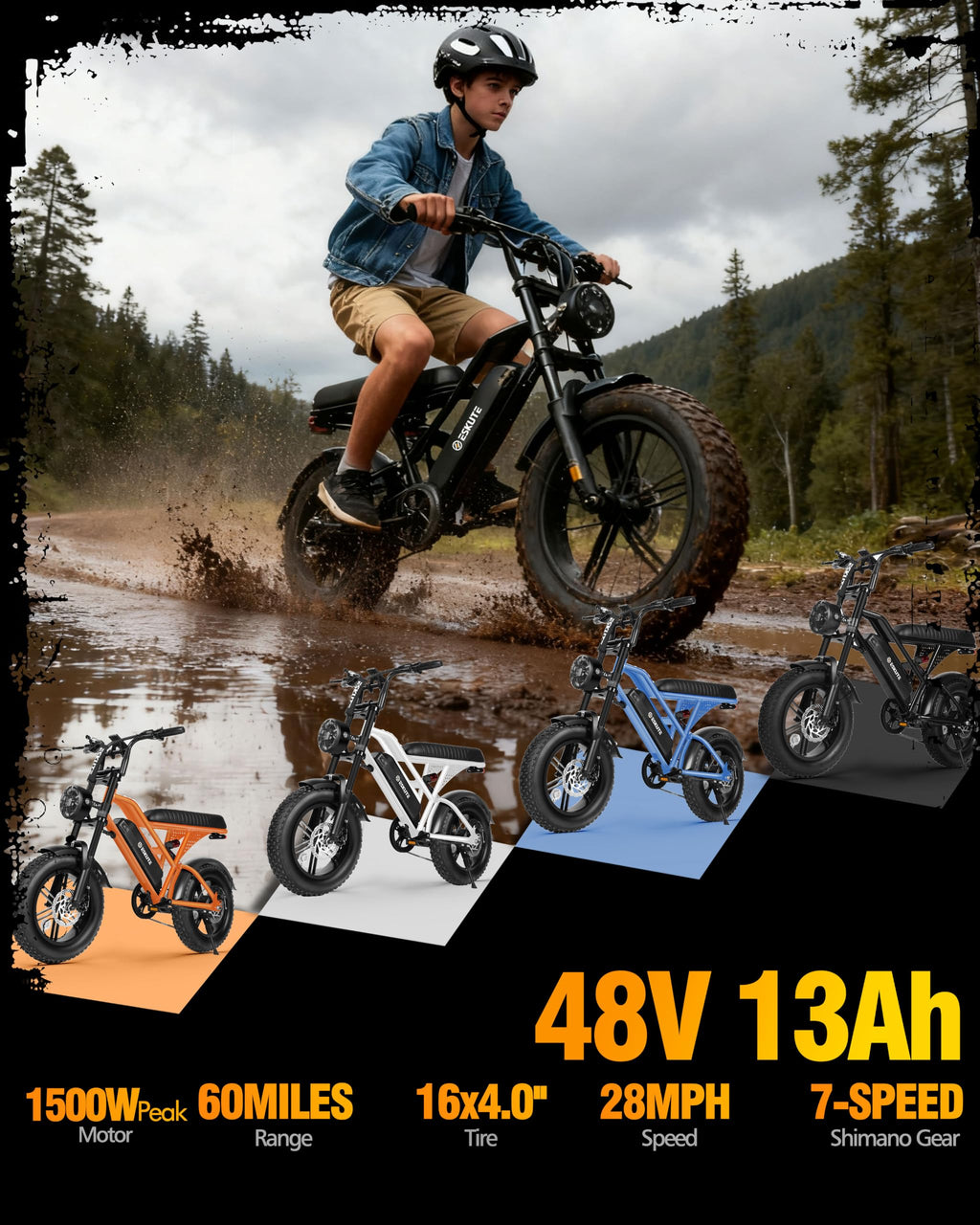 Electric Bike 1500W Peak Motor 48V 13Ah Battery 16"x4.0" Fat Tire Blue D3142