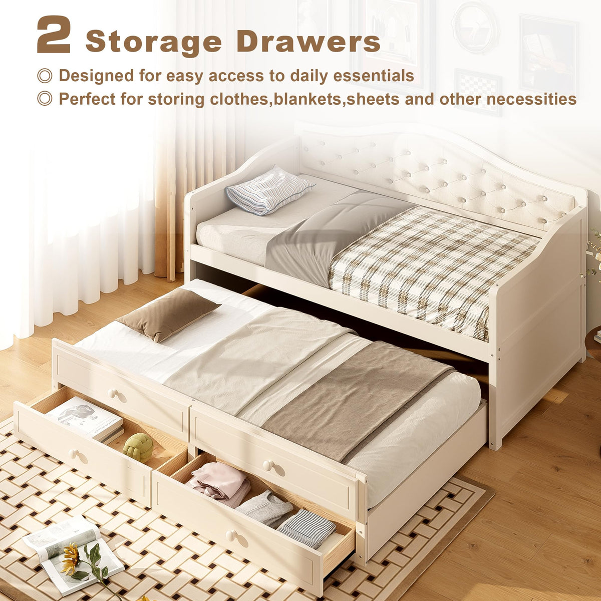 Beige Twin Size Wooden Daybed with Trundle and 2 Drawers O37518