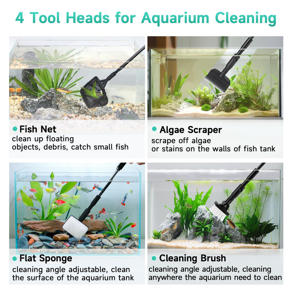 Small 4 in 1 Aquarium Cleaning Tools Kit with Fish Net Algae Scraper Clean Brush Flat Sponge E985135