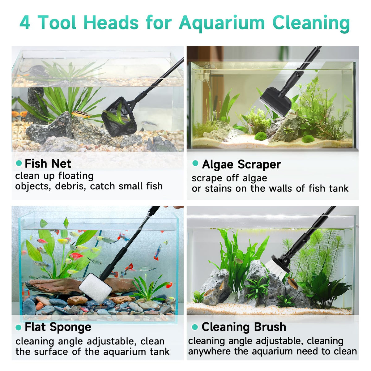 Small 4 in 1 Aquarium Cleaning Tools Kit with Fish Net Algae Scraper Clean Brush Flat Sponge E985135