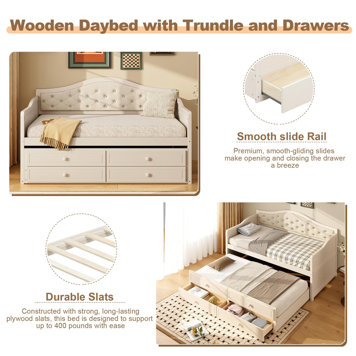 Beige Twin Size Wooden Daybed with Trundle and 2 Drawers O37518
