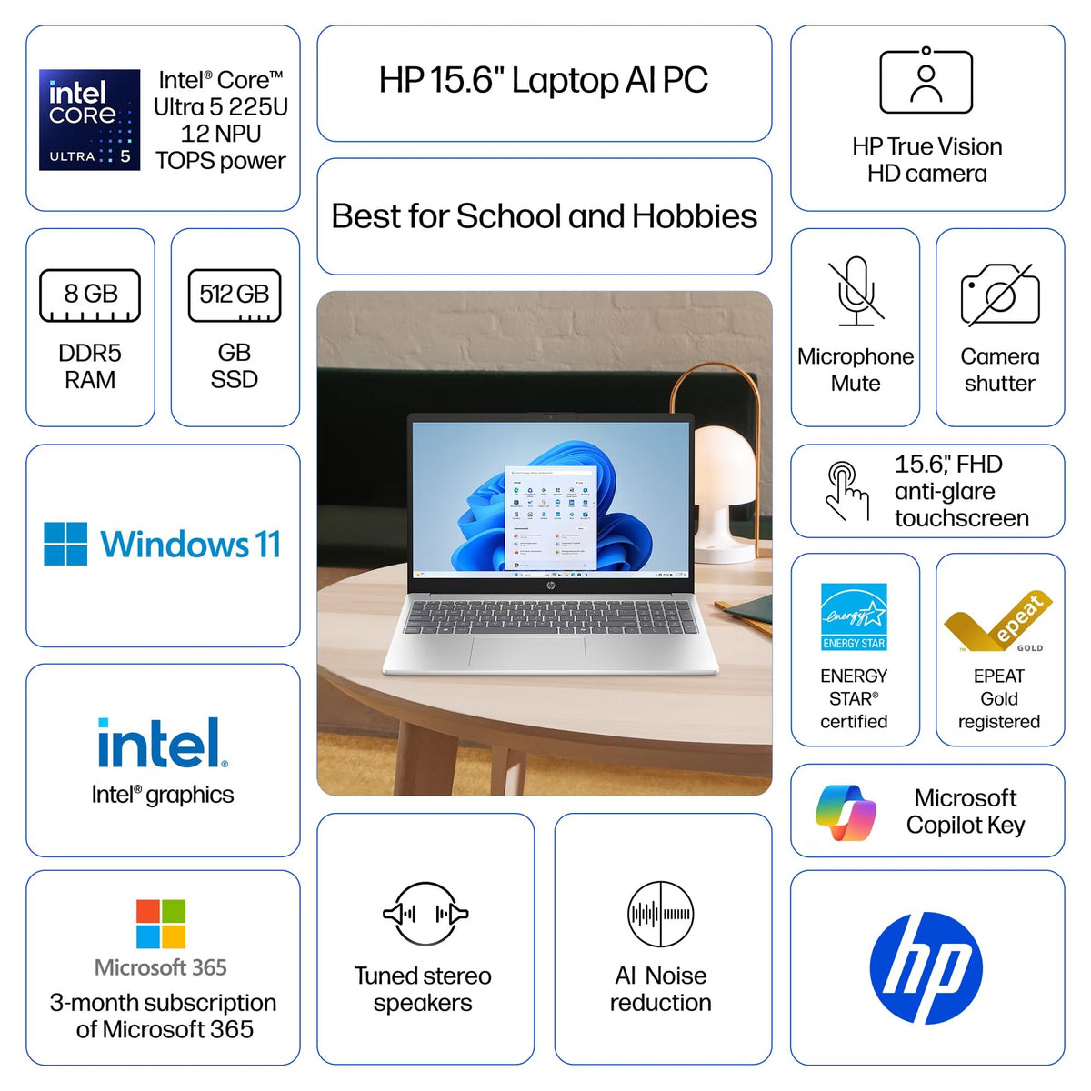 15.6" Full HD Touch Screen Laptop, Intel Core Ultra 5, 8GB RAM, 512GB SSD, Natural Silver T5447