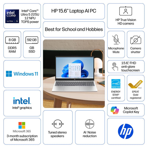 15.6" Full HD Touch Screen Laptop, Intel Core Ultra 5, 8GB RAM, 512GB SSD, Natural Silver T5447