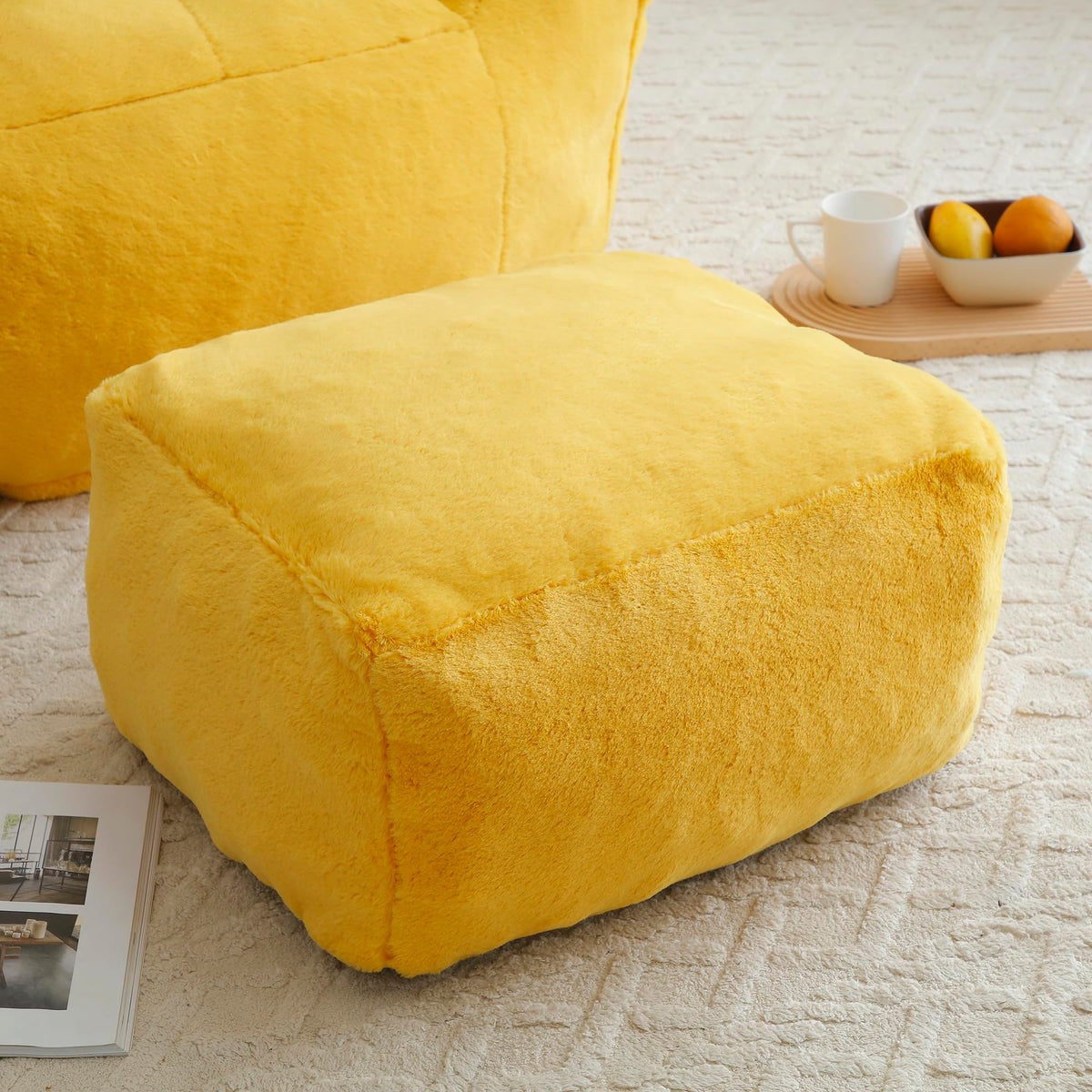 Yellow Faux Fur Memory Foam Bean Bag Chair with Footstool E800596