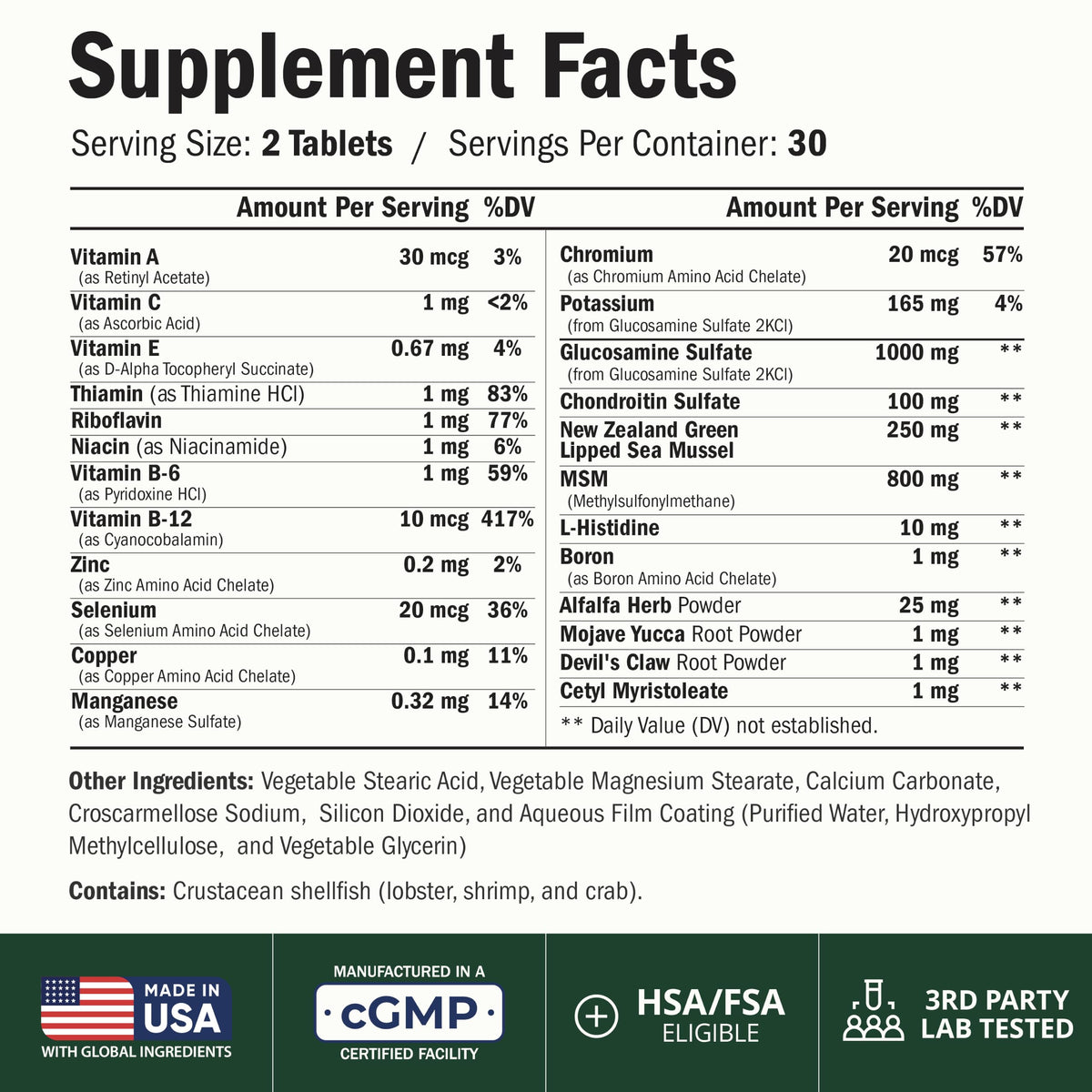 Glucosamine Chondroitin MSM Joint Supplements 60 Tabs A47889
