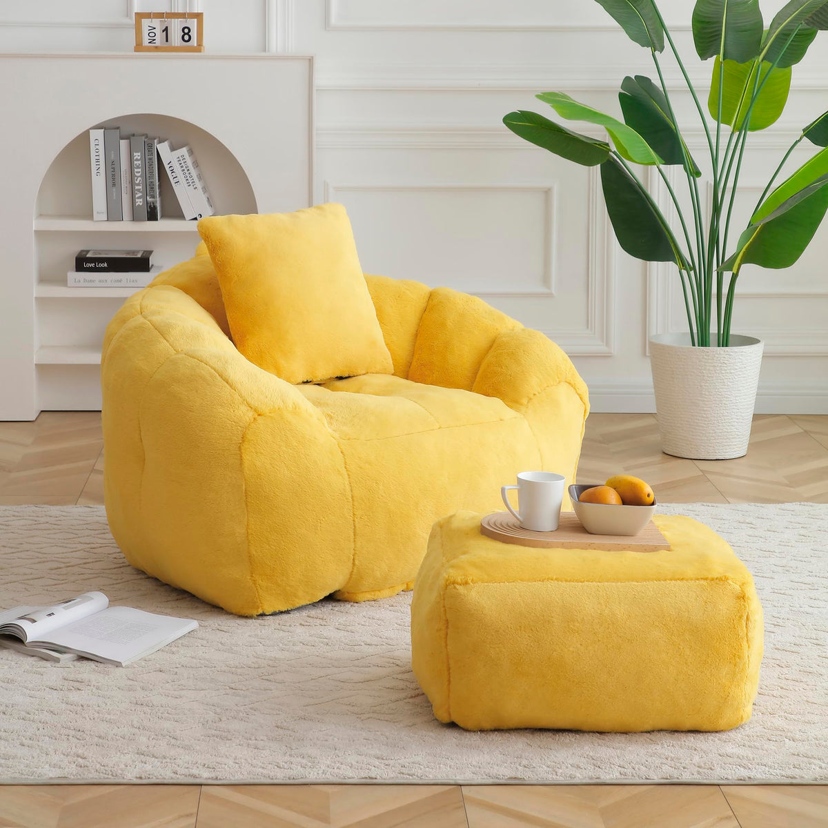 Yellow Faux Fur Memory Foam Bean Bag Chair with Footstool E800596