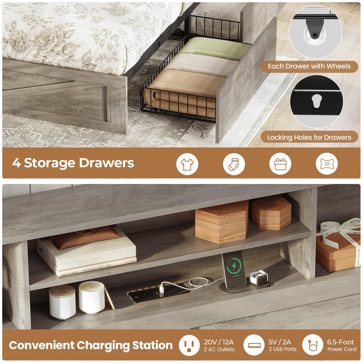Twin Bed with Bookcase Headboard and 4 Drawers F22245