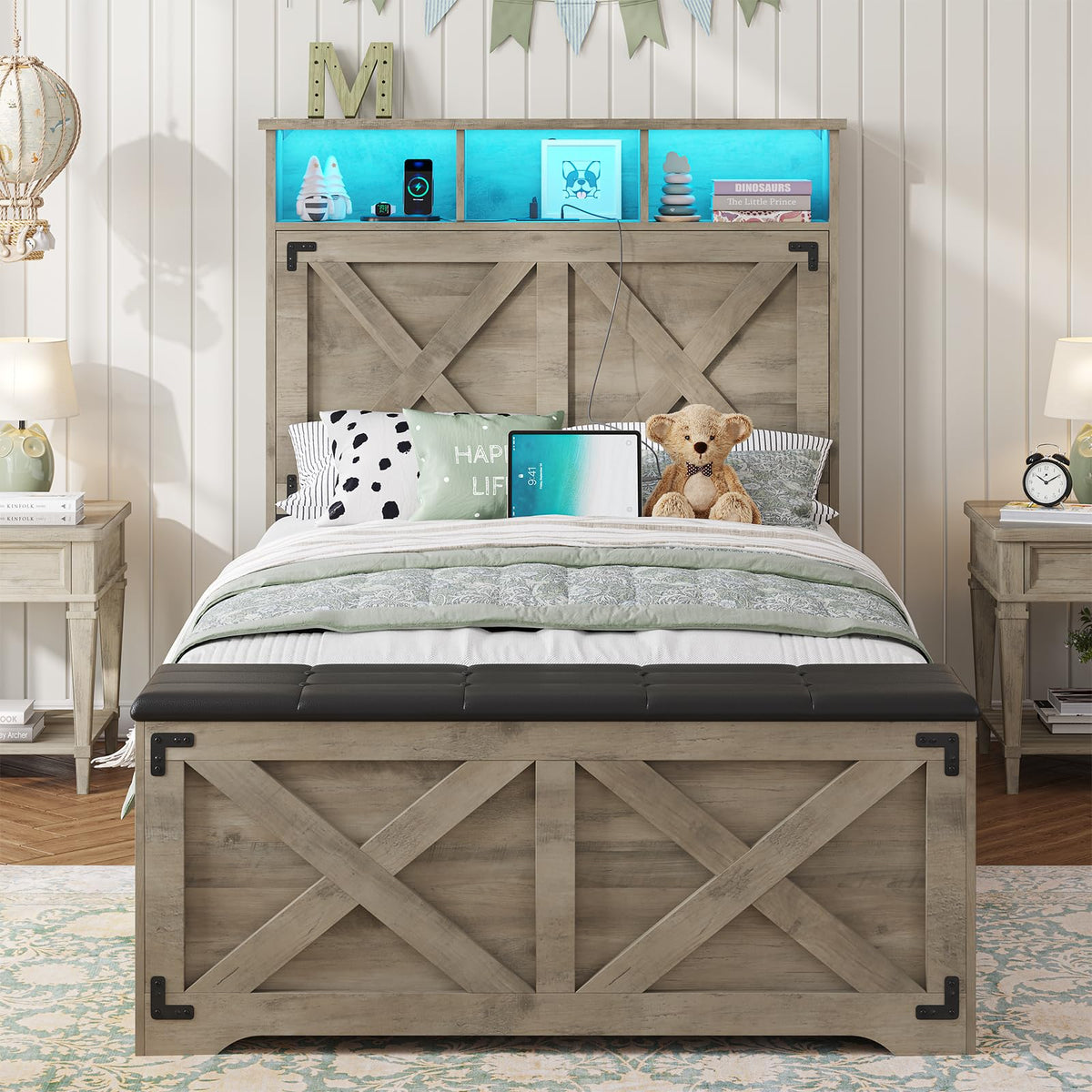 Oak Gray Wood Twin Size Bed Frame with Storage Headboard and Charging Station Z159671