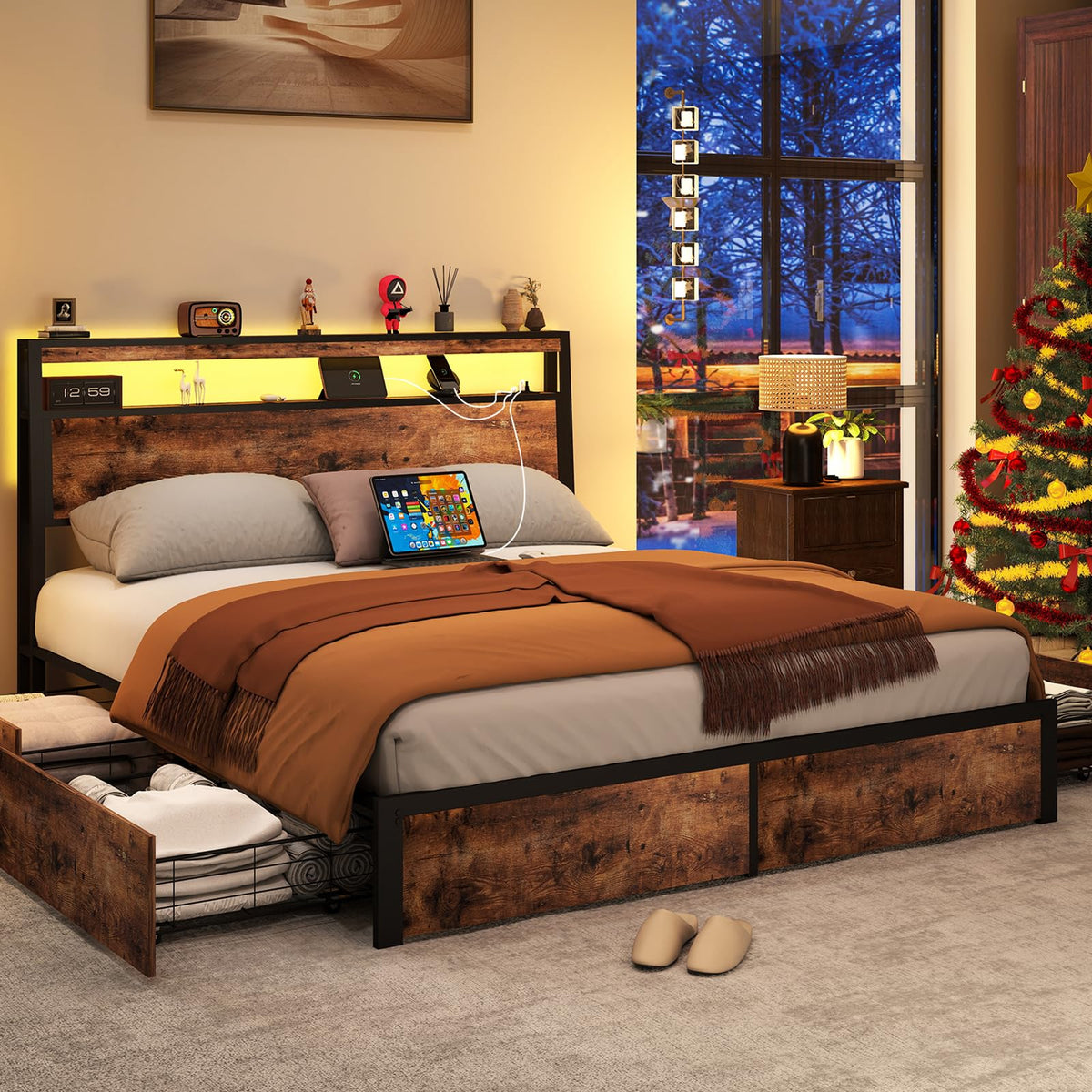 Queen Size Bed Frame with 4 Storage Drawers D630