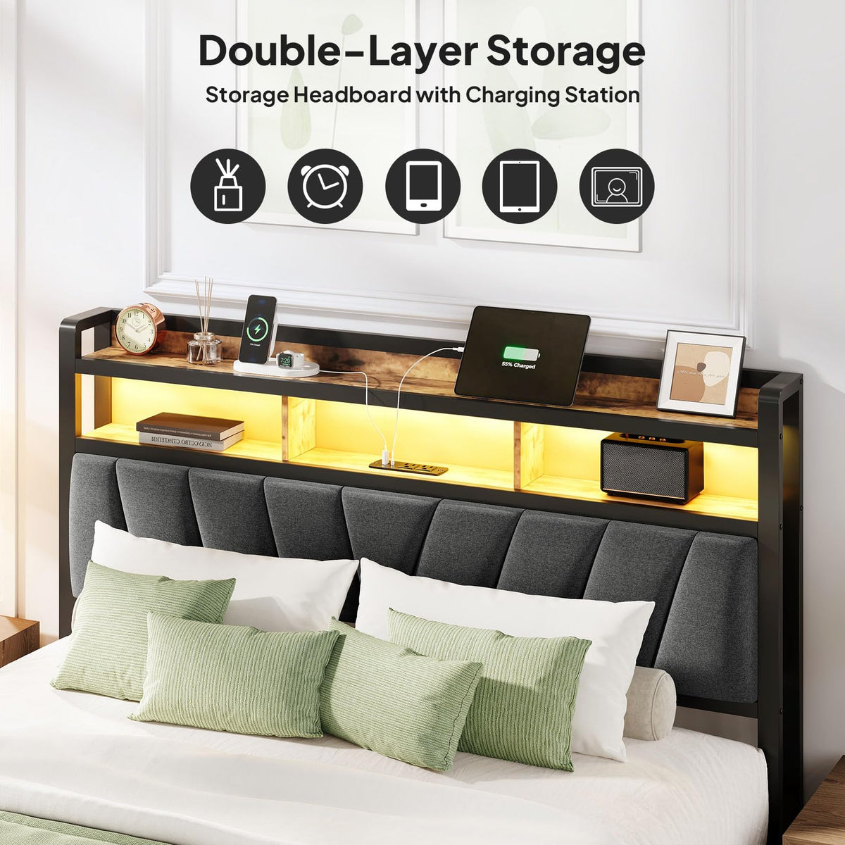 Full Bed Frame with LED Lights and Charging Station D927037