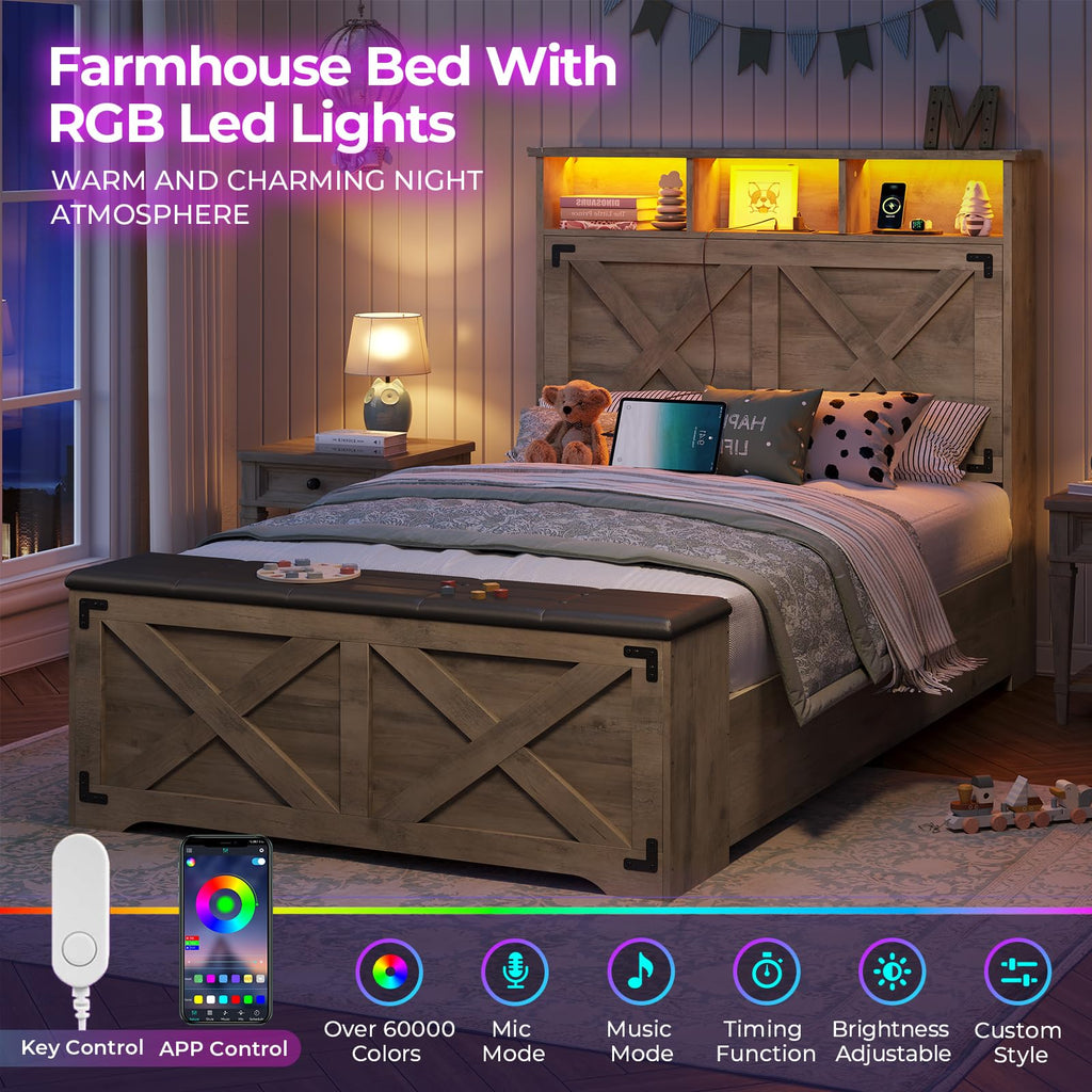 Oak Gray Wood Twin Size Bed Frame with Storage Headboard and Charging Station Z159671