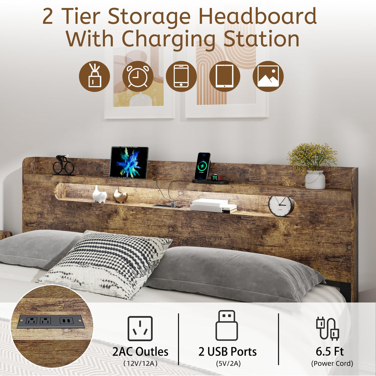 Queen Size Wood Bed Frame with Storage Headboard D21185