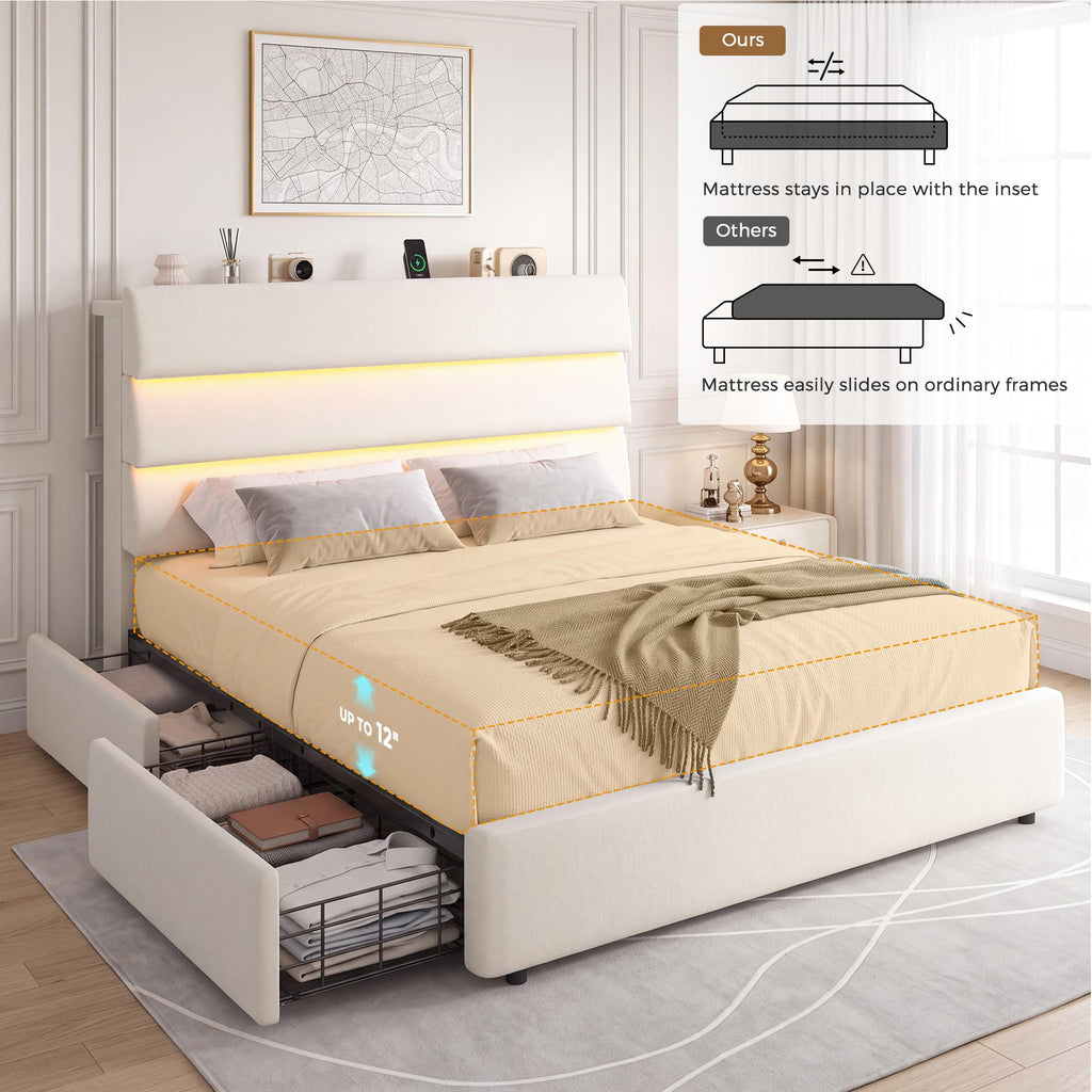 Beige Queen Size Bed Frame with 2 Storage Drawers T302