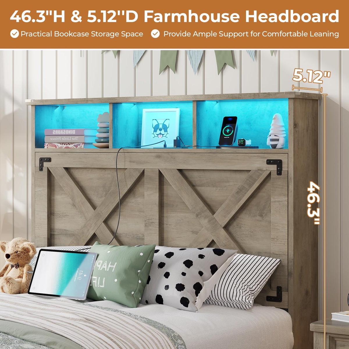 Oak Gray Wood Twin Size Bed Frame with Storage Headboard and Charging Station Z159671