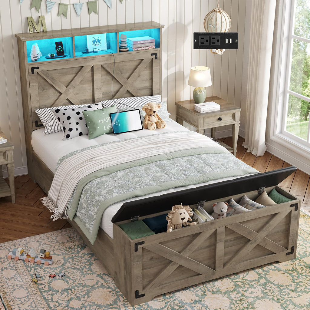 Oak Gray Wood Twin Size Bed Frame with Storage Headboard and Charging Station Z159671