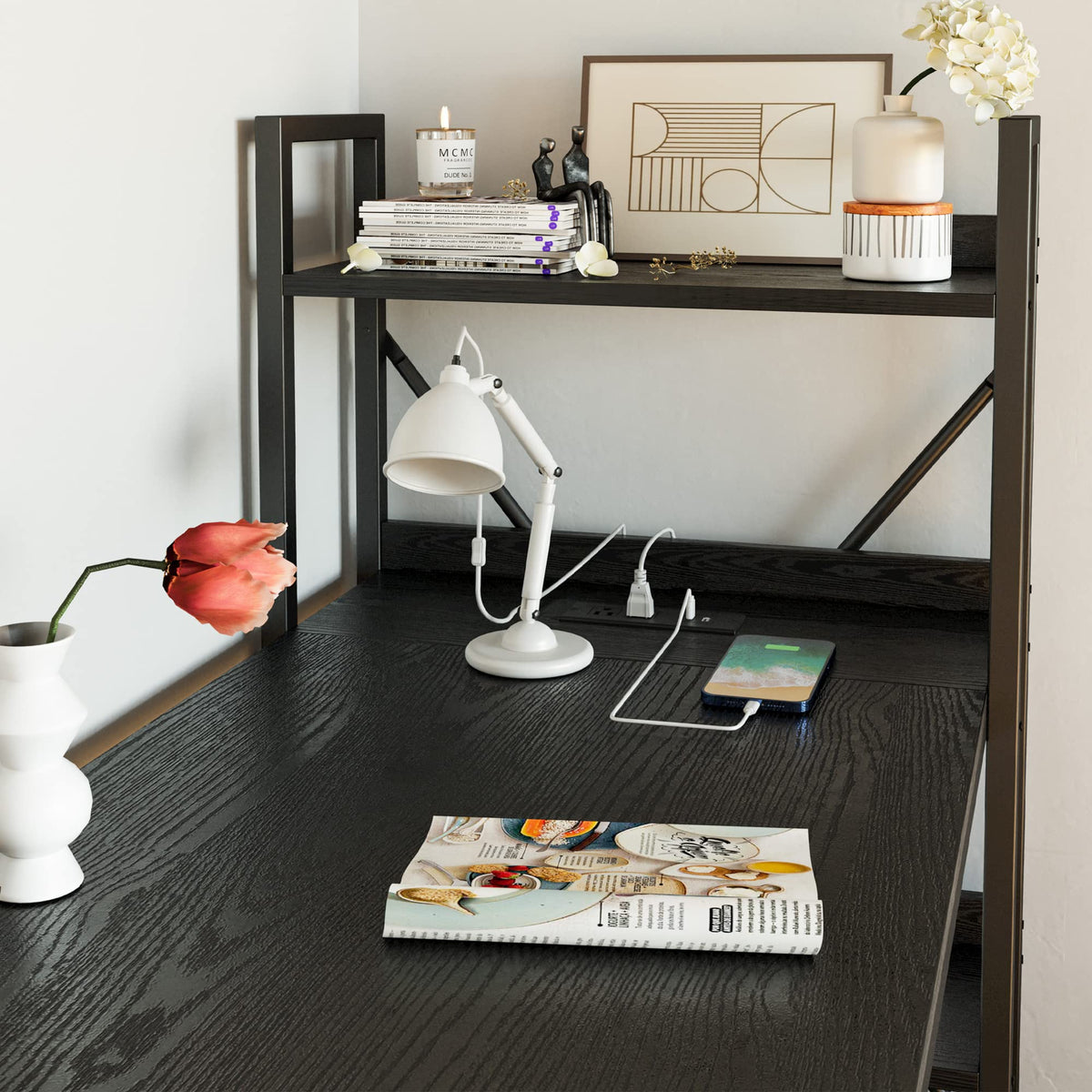 Black Computer Desk with Power Outlet and Storage Shelves W776