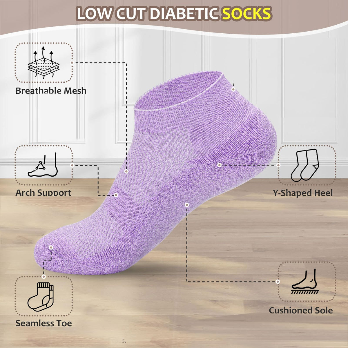 5 Pairs Non-Binding Low Cut Diabetic Socks Size 9-11 Z984497