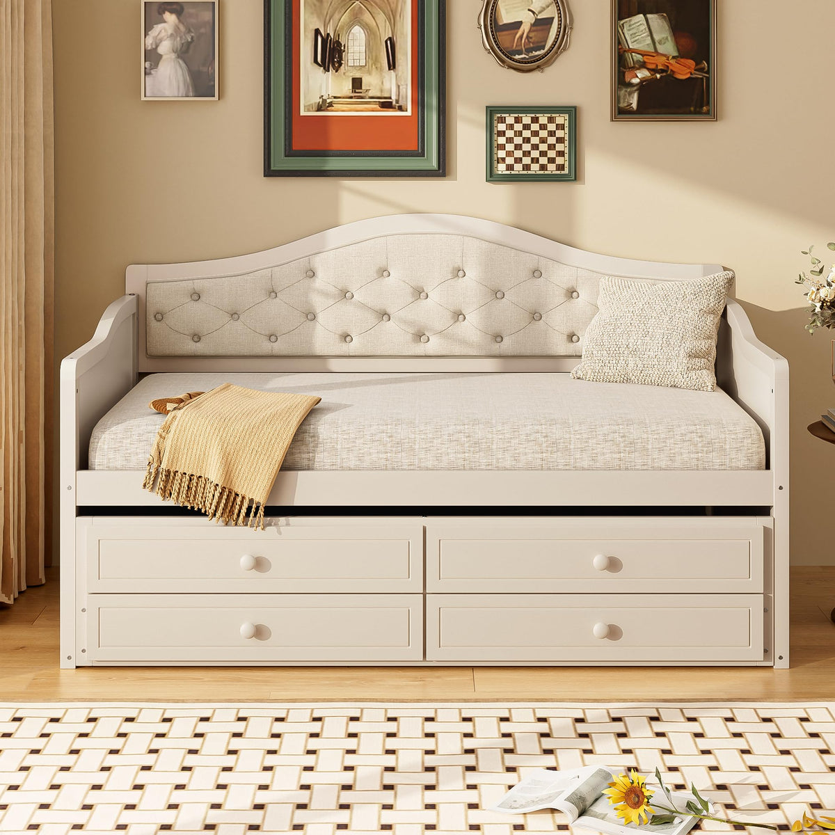 Beige Twin Size Wooden Daybed with Trundle and 2 Drawers O37518