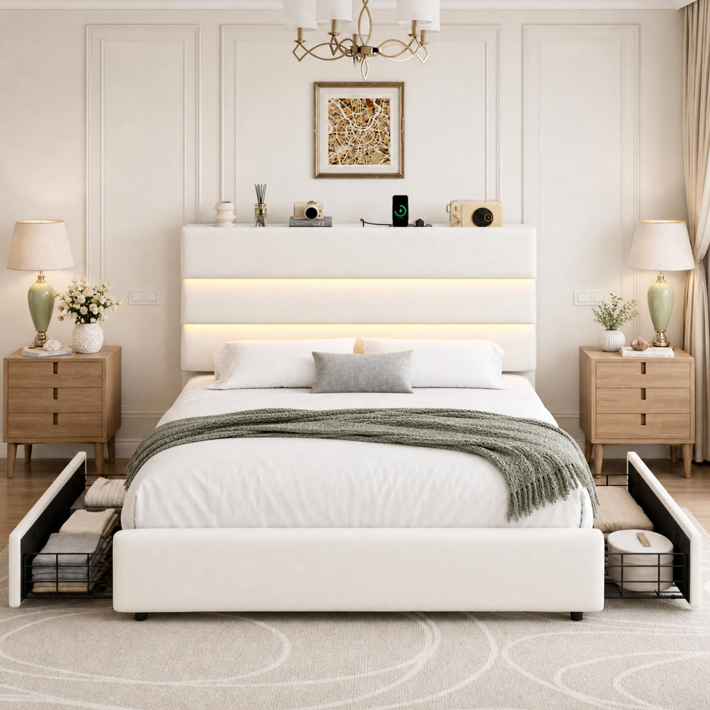 Beige Queen Size Bed Frame with 2 Storage Drawers T302