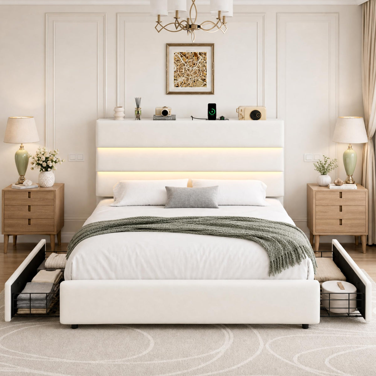 Beige Queen Size Bed Frame with 2 Storage Drawers T302
