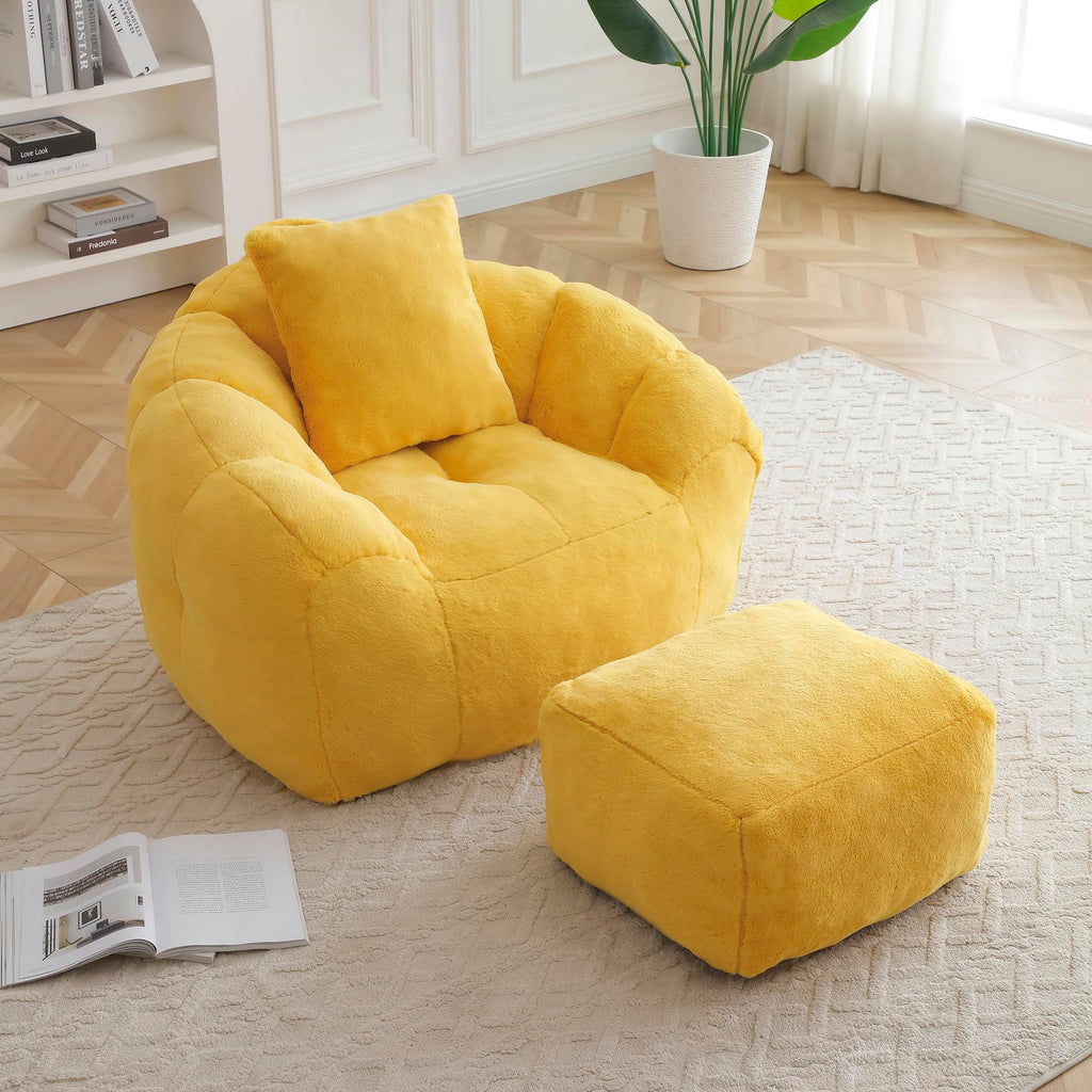 Yellow Faux Fur Memory Foam Bean Bag Chair with Footstool E800596
