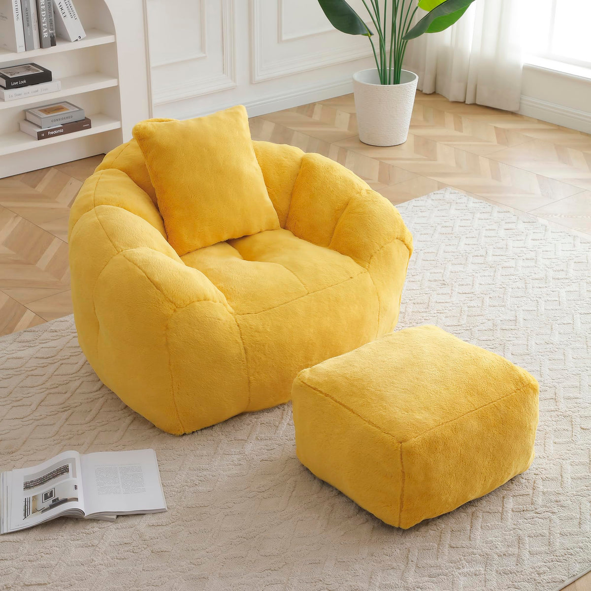 Yellow Faux Fur Memory Foam Bean Bag Chair with Footstool E800596