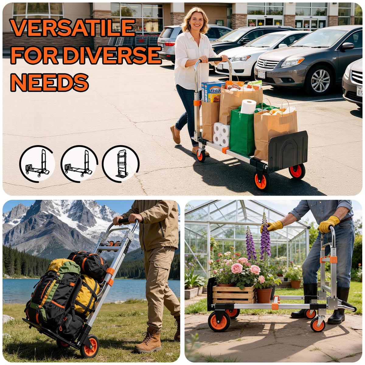Folding Hand Truck Dolly Cart with Wheels, 500lb Load, Silver Orange M502481