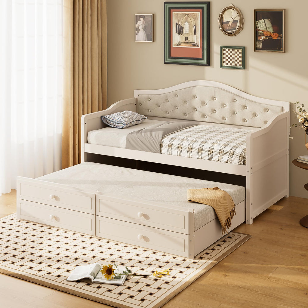Beige Twin Size Wooden Daybed with Trundle and 2 Drawers O37518
