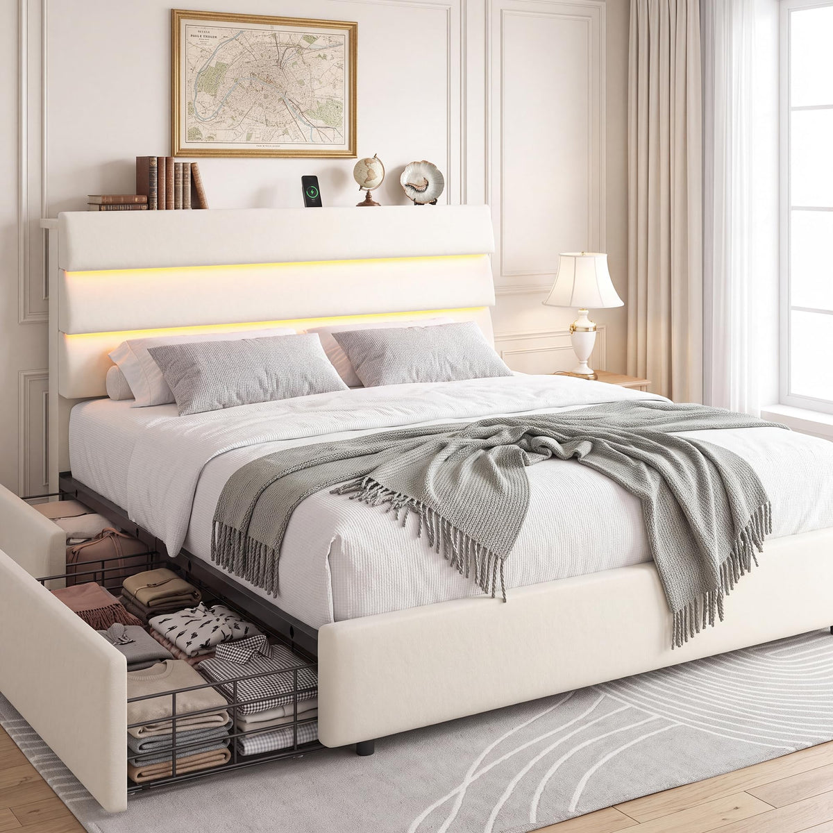Beige Queen Size Bed Frame with 2 Storage Drawers T302