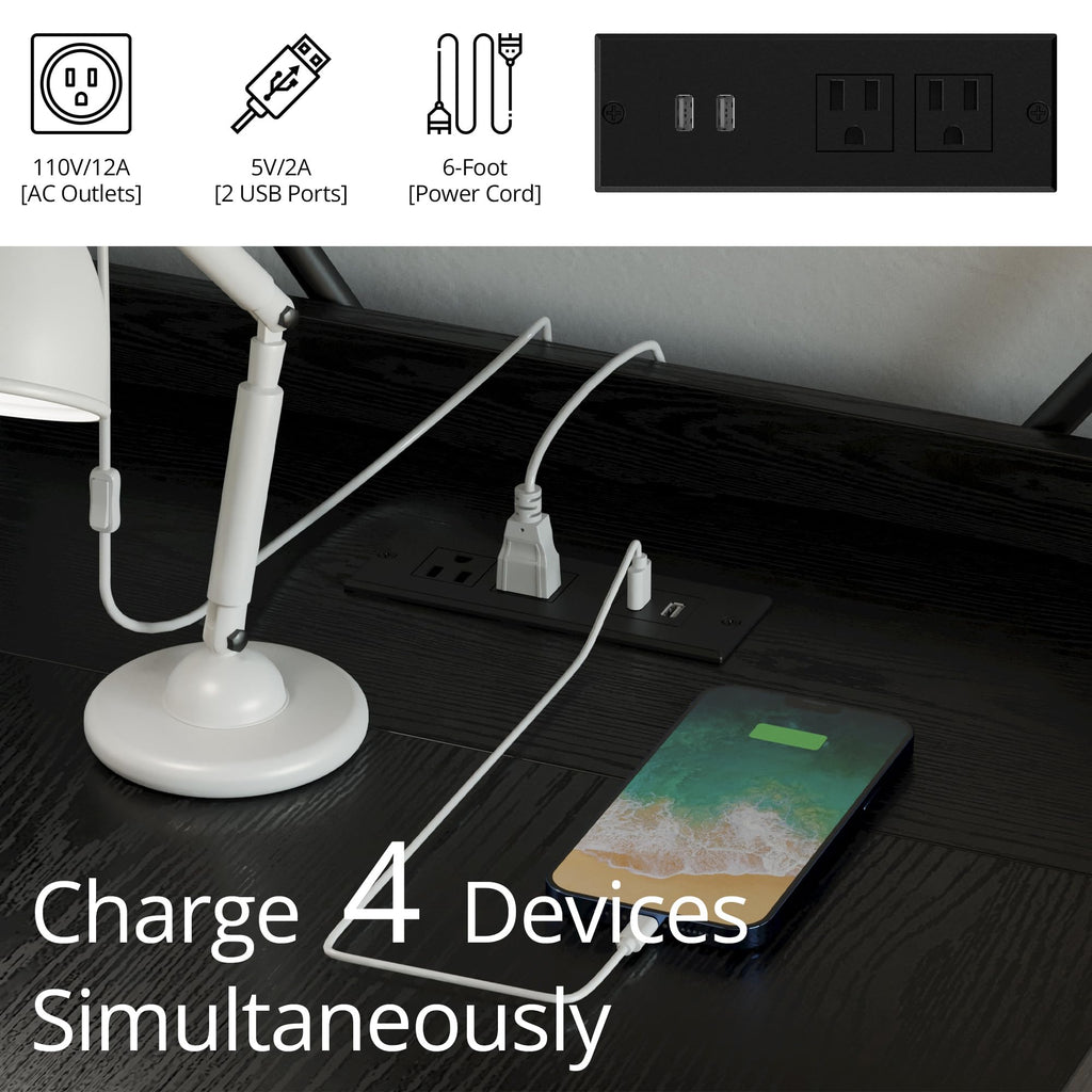 Black Computer Desk with Power Outlet and Storage Shelves W776