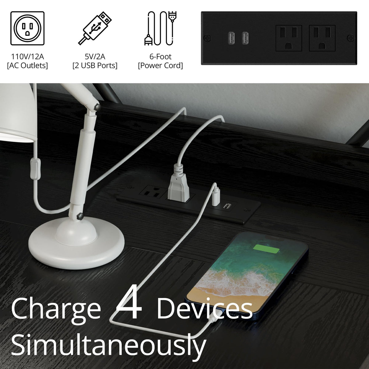 Black Computer Desk with Power Outlet and Storage Shelves W776