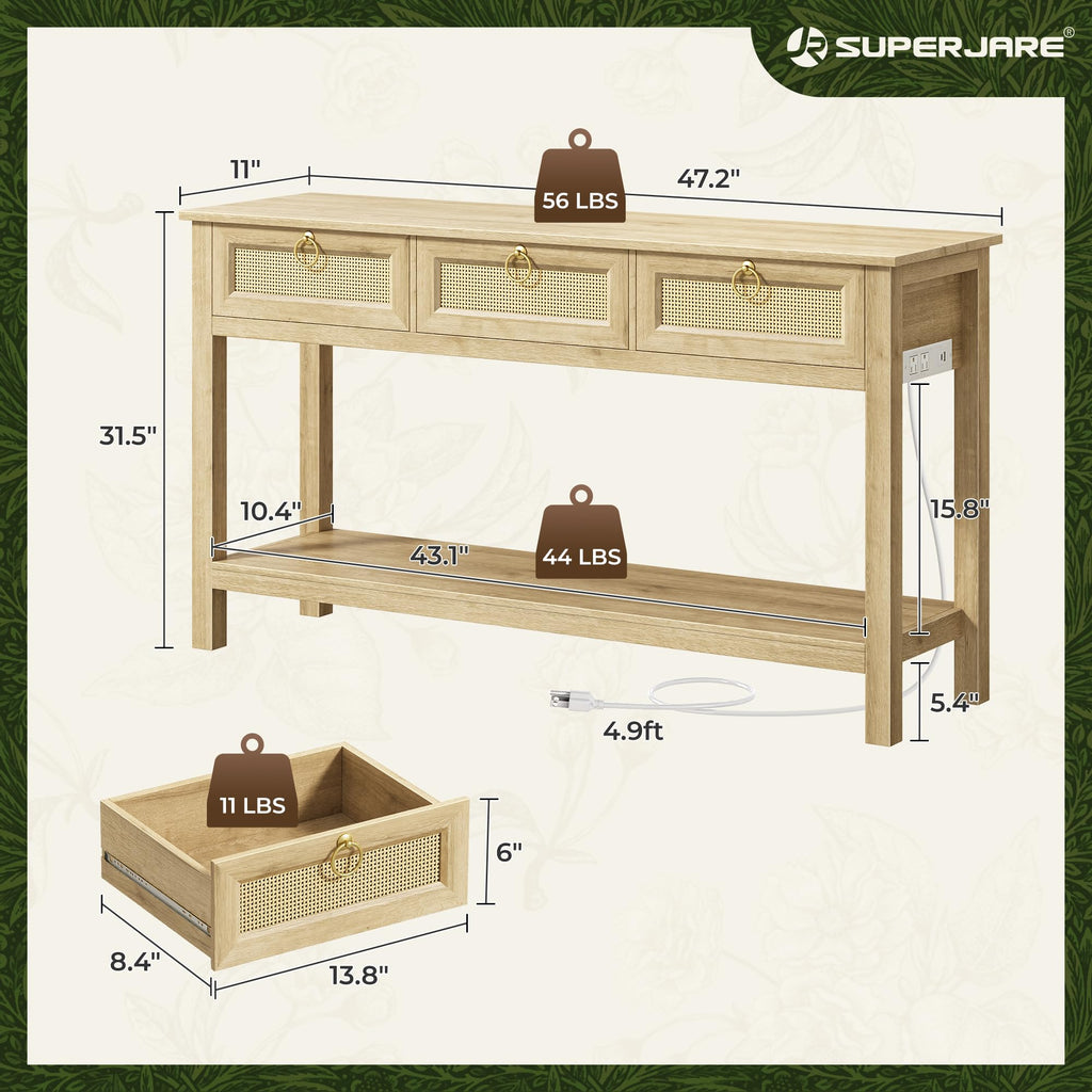 Rattan Console Sofa Table with Outlets and 3 Drawers L184177