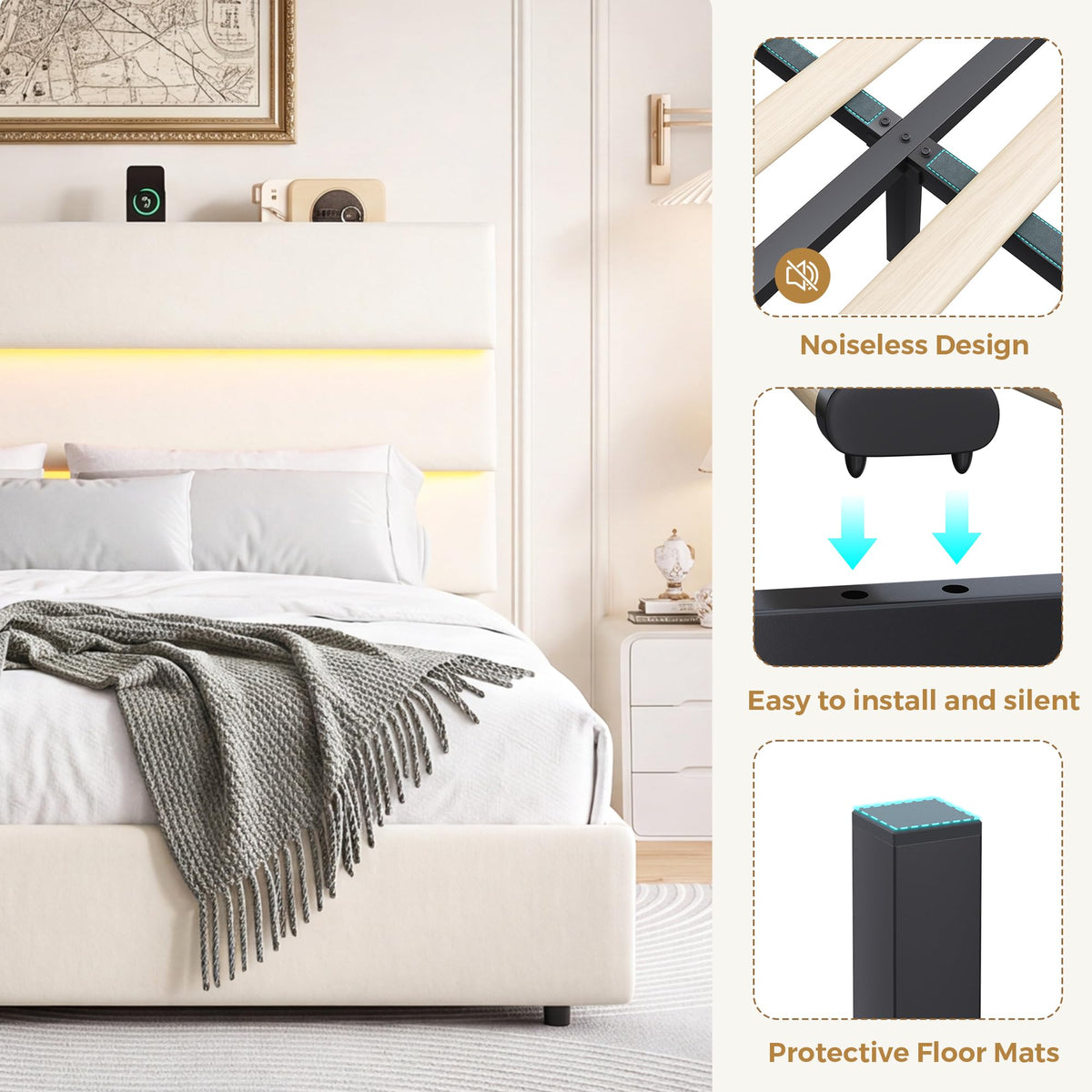 Beige Queen Size Bed Frame with 2 Storage Drawers T302