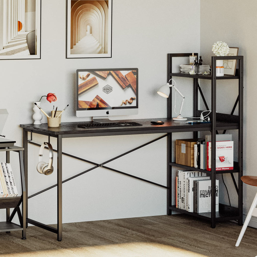 Black Computer Desk with Power Outlet and Storage Shelves W776