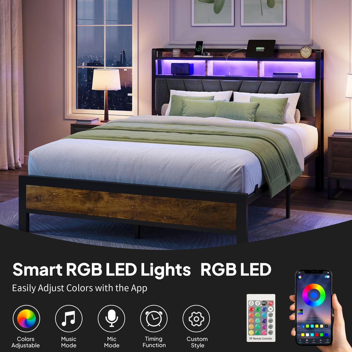 Full Bed Frame with LED Lights and Charging Station D927037