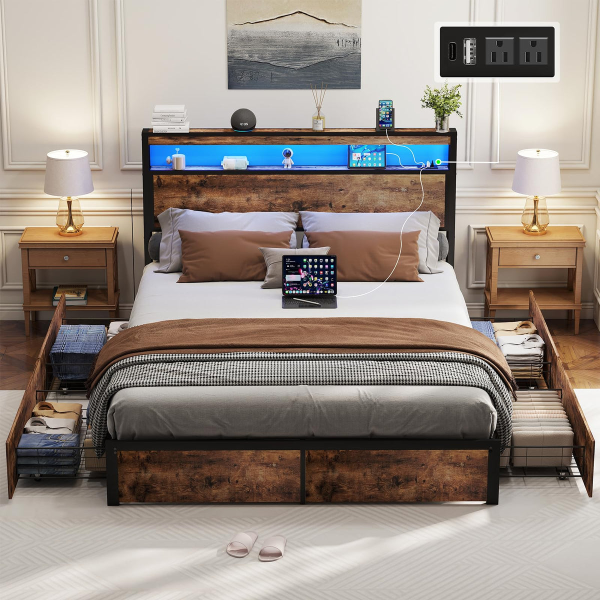 Queen Size Bed Frame with 4 Storage Drawers D630