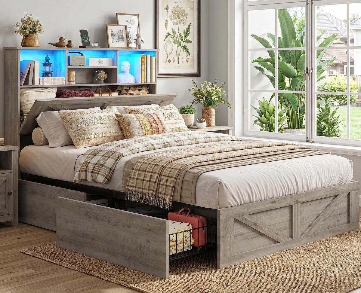 Twin Bed with Bookcase Headboard and 4 Drawers F22245