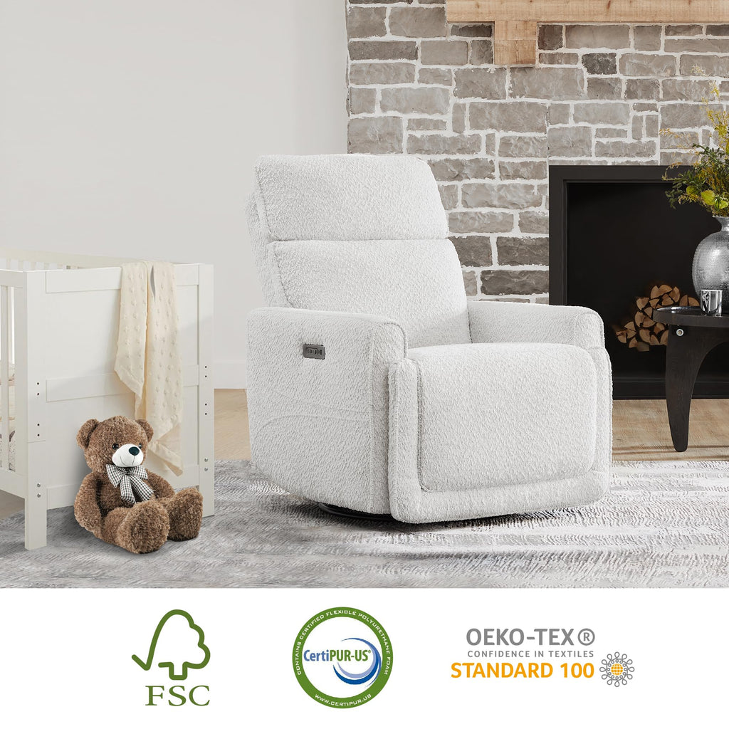 White Boucle Power Swivel Glider Recliner Chair K9391
