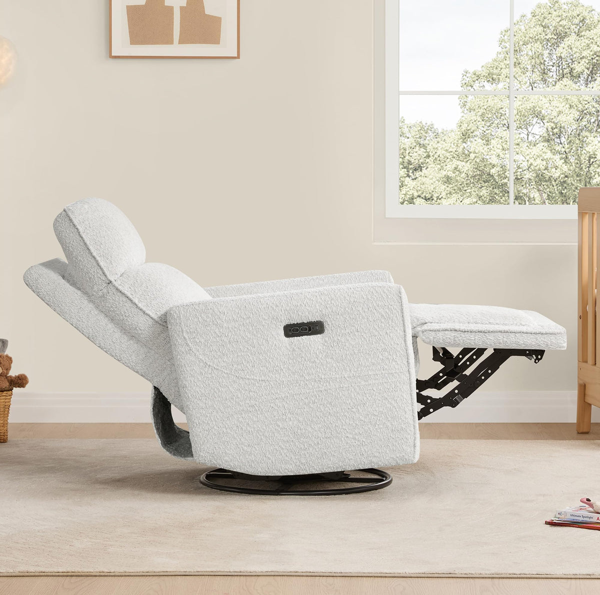 White Boucle Power Swivel Glider Recliner Chair K9391