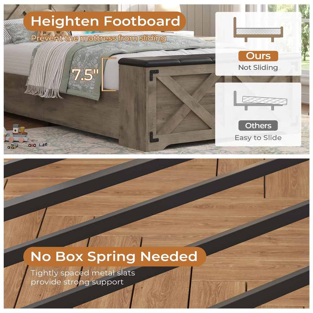 Oak Gray Wood Twin Size Bed Frame with Storage Headboard and Charging Station Z159671