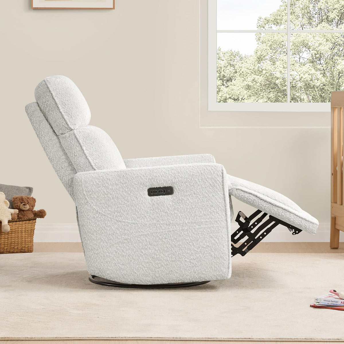 White Boucle Power Swivel Glider Recliner Chair K9391