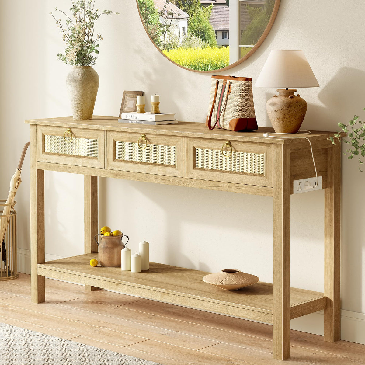 Rattan Console Sofa Table with Outlets and 3 Drawers L184177