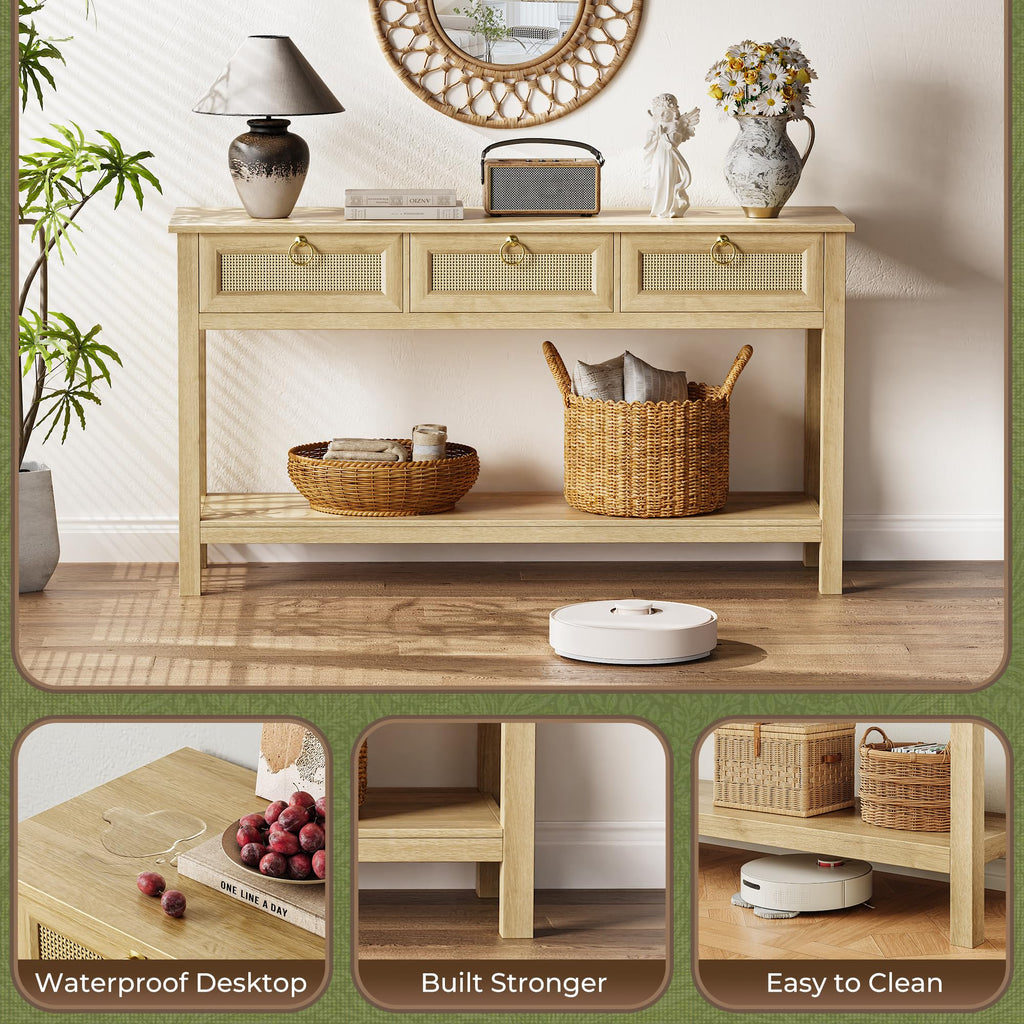 Rattan Console Sofa Table with Outlets and 3 Drawers L184177