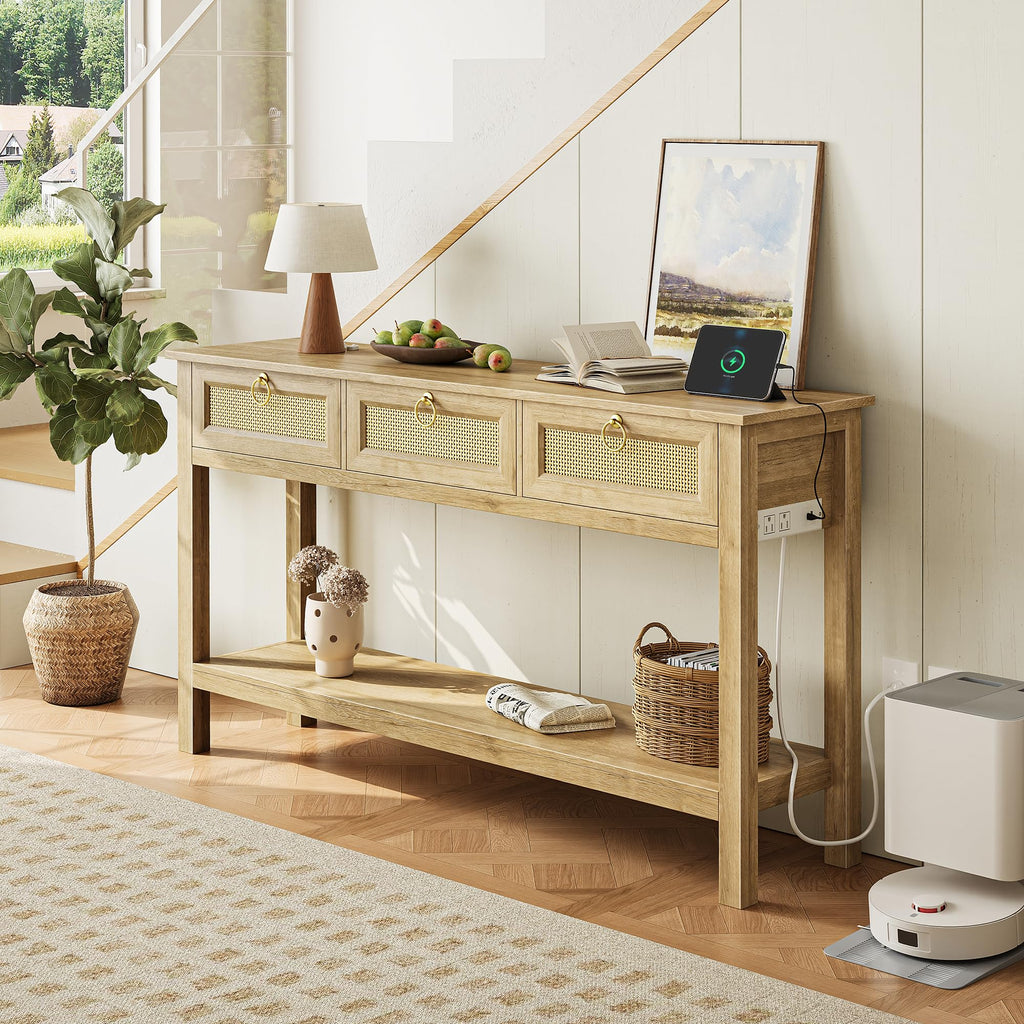 Rattan Console Sofa Table with Outlets and 3 Drawers L184177