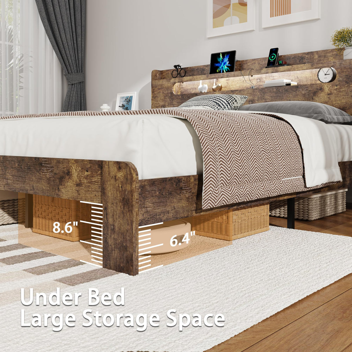 Queen Size Wood Bed Frame with Storage Headboard D21185
