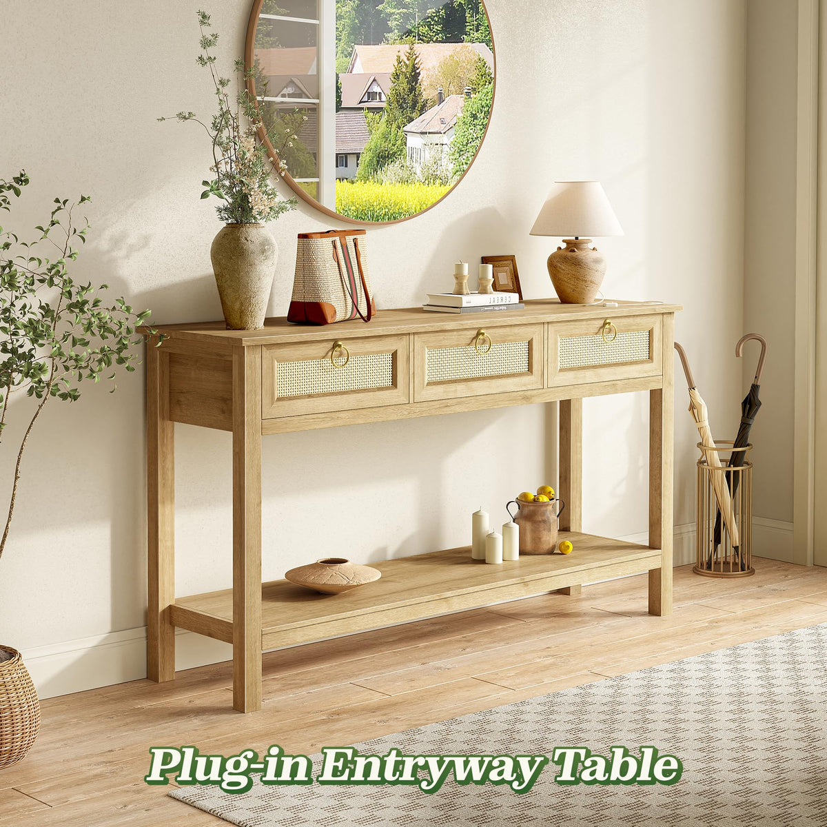 Rattan Console Sofa Table with Outlets and 3 Drawers L184177