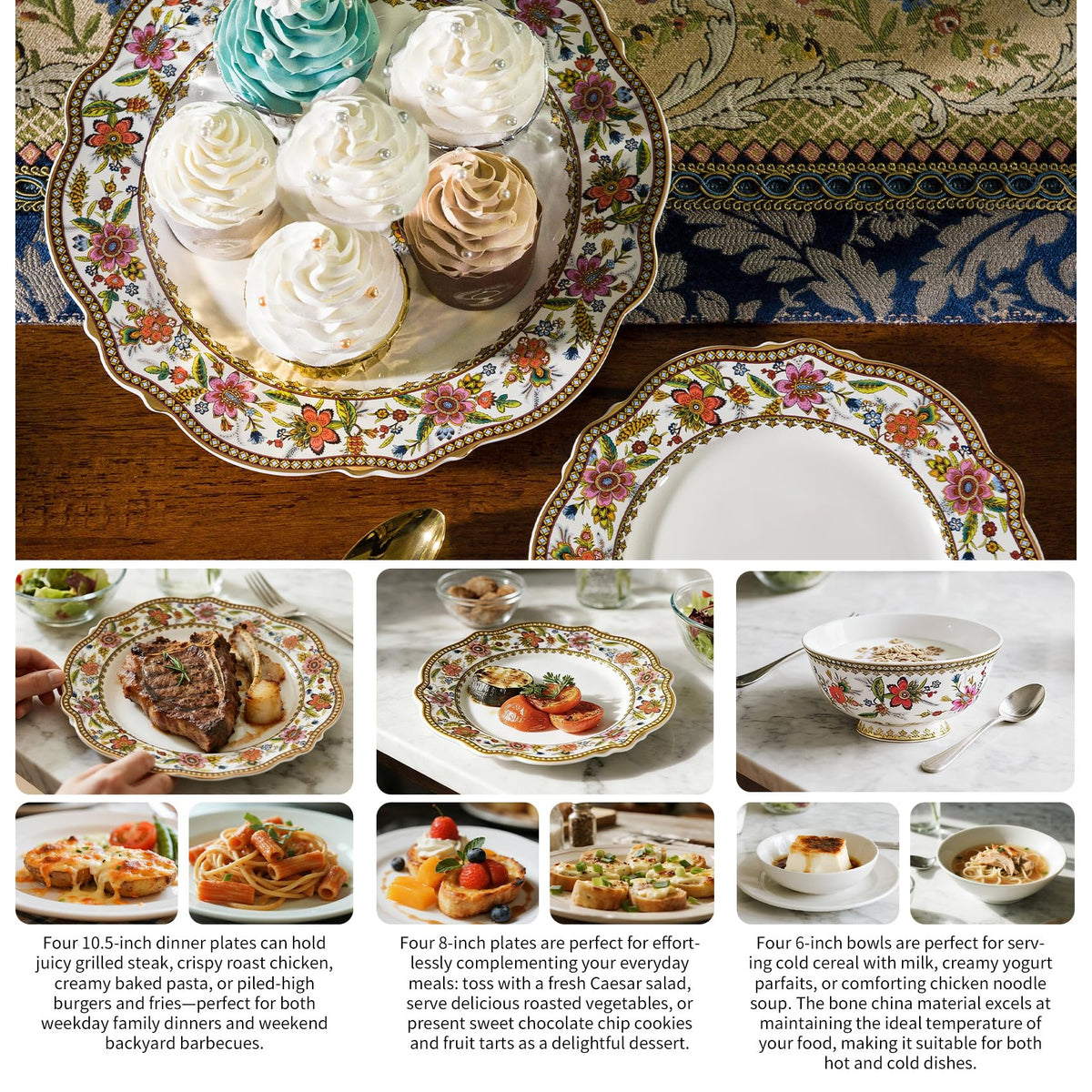 Fine China 12-Piece Dinnerware Set for 4 with 24K Gold Trim A68726