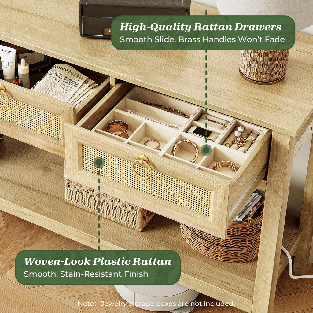 Rattan Console Sofa Table with Outlets and 3 Drawers L184177